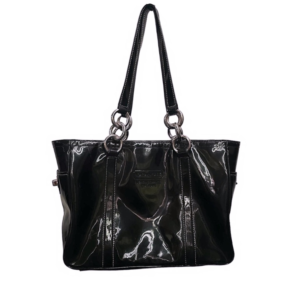 Vintage Coach Patent Leather Tote Bag Medium Sized With Silver Ring Hardware